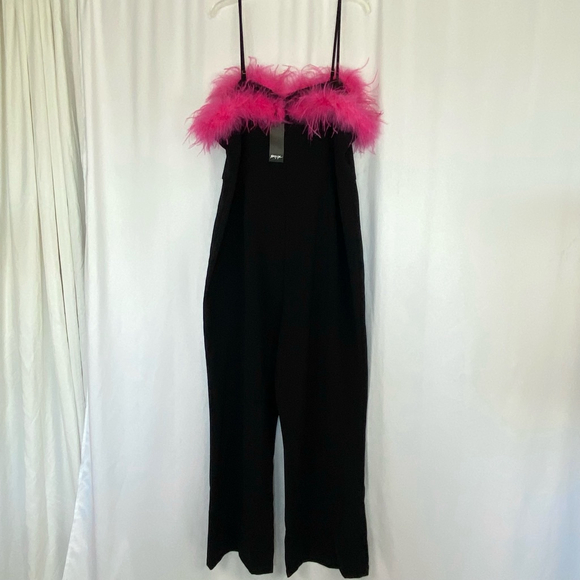 Nasty Gal Black Jumpsuit Hot Pink Feather Trim - Picture 4 of 16